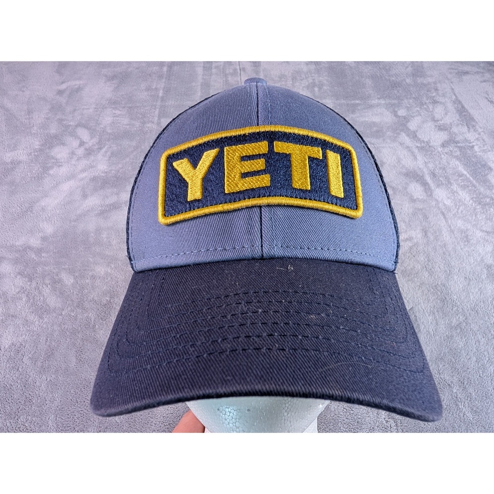 YETI Trucker Hat Navy Blue Yellow Logo Patch Snapback Mesh Cap Built For Wild